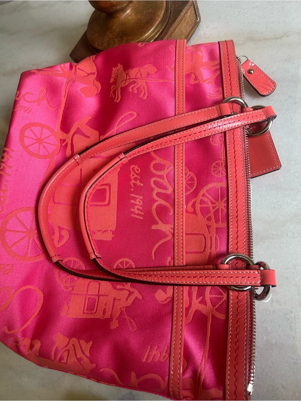 Coach Poppy Pink Op Art Horse & Carriage Jacquard Tote Shoulder Bag Coral